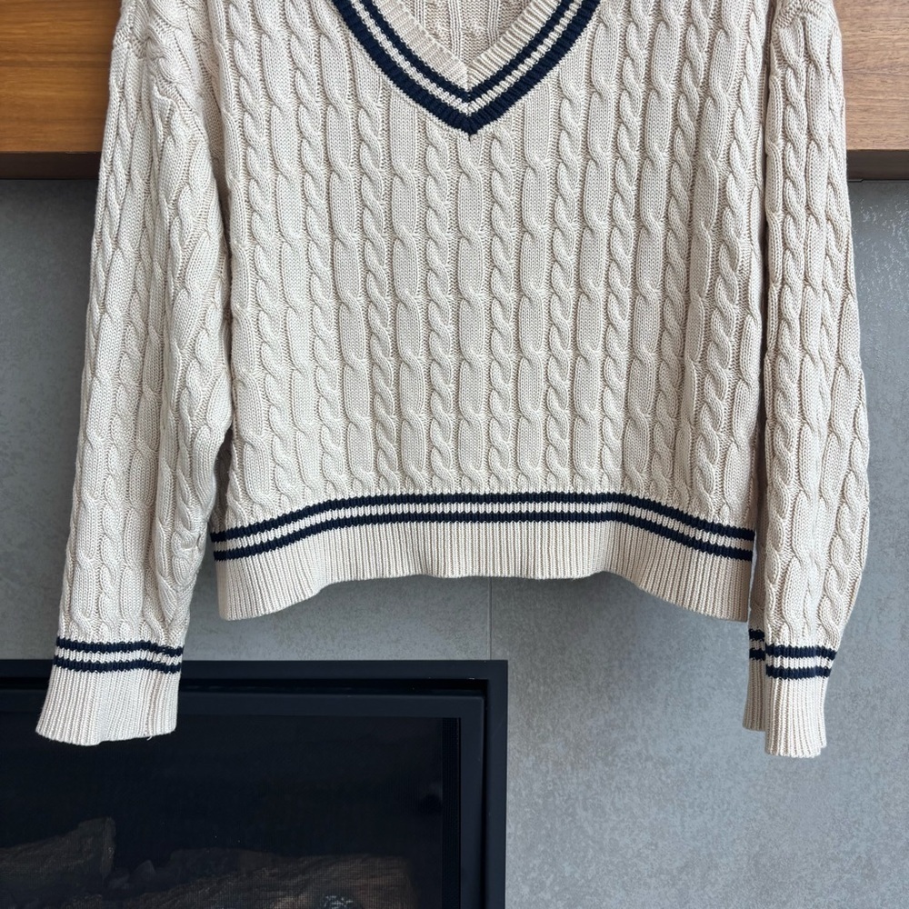 Lulus Posh Expert Beige Cable Knit Pullover Varsity Sweater, Size S - Picture 7 of 15